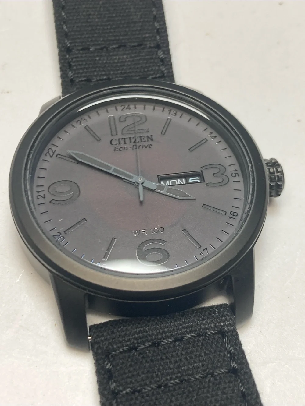 Citizen E101-S064783, eco drive, Blacked out Dial, Black Barton Canvas Strap